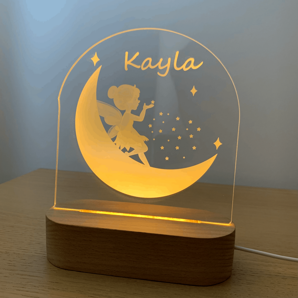 Personalised Night Light for Kids. Wooden base and Printed Fairy on a moon. Custom Name