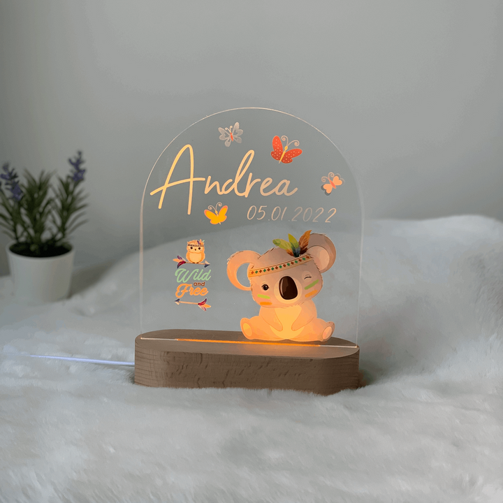 Cute personalised night light with warm LED  lights. Printed Boho Koala. Customisable name