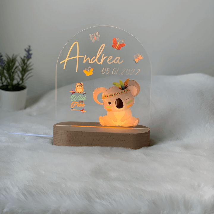 Cute personalised night light with warm LED  lights. Printed Boho Koala Customisable name