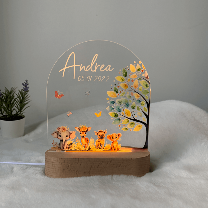 Cute personalised night light with warm LED  lights. Printed Boho Forest Animals. Customisable name