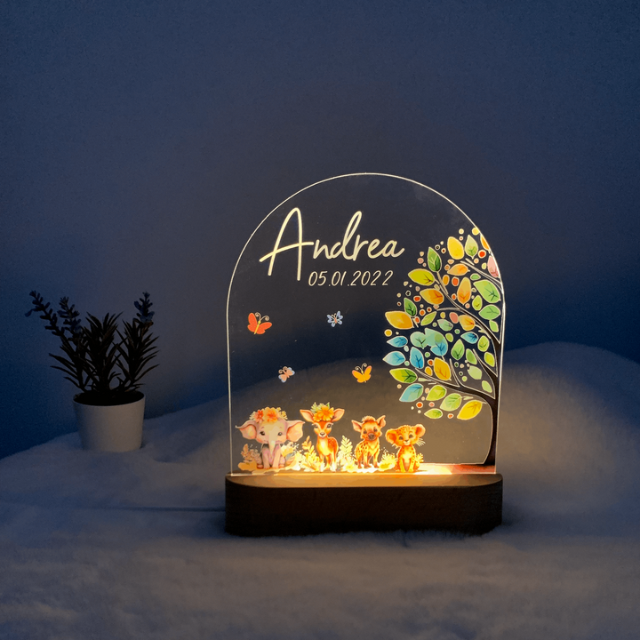 Cute personalised night light with warm LED  lights. Printed Boho Forest Animals. Customisable name