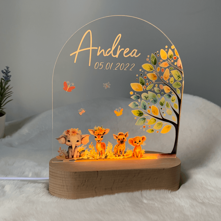 Cute personalised night light with warm LED  lights. Printed Boho Forest Animals. Customisable name