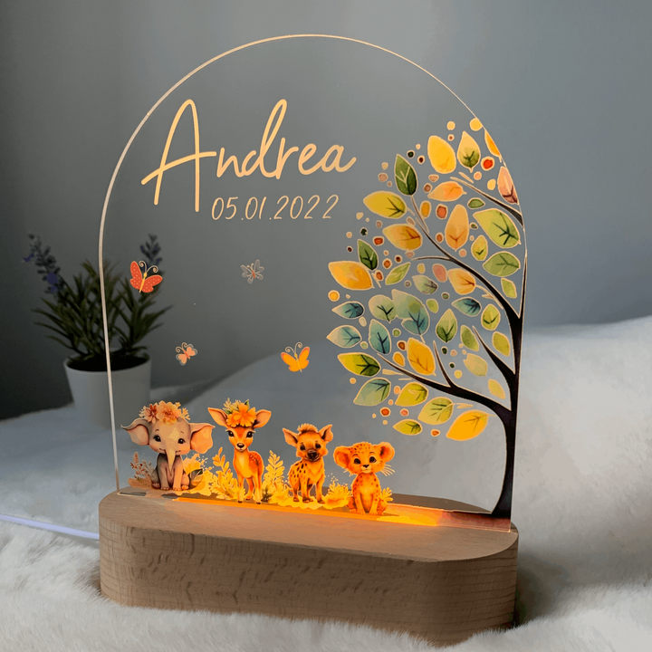 Cute personalised night light with warm LED  lights. Printed Boho Forest Animals. Customisable name