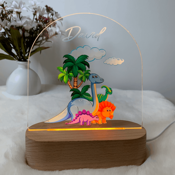 Personalised Night Light for Children. Wooden base with Dinosaurs print. Custom Name