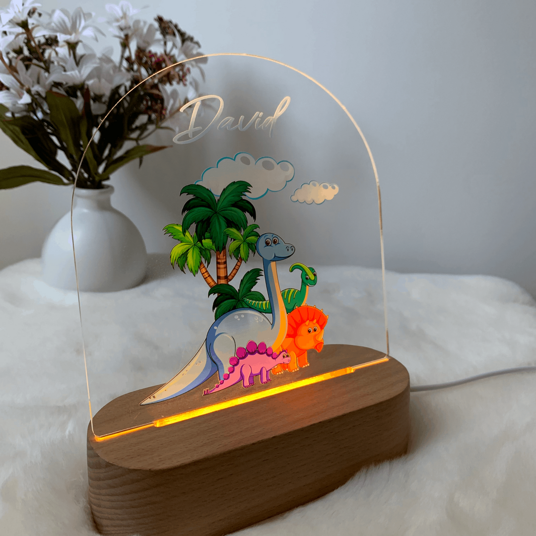 Personalised Night Light gift for baby boy with custom print. Cute Dinosaurs