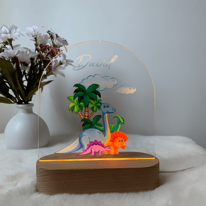 Personalised Night Light gift for baby boy with custom print. Cute Dinosaurs