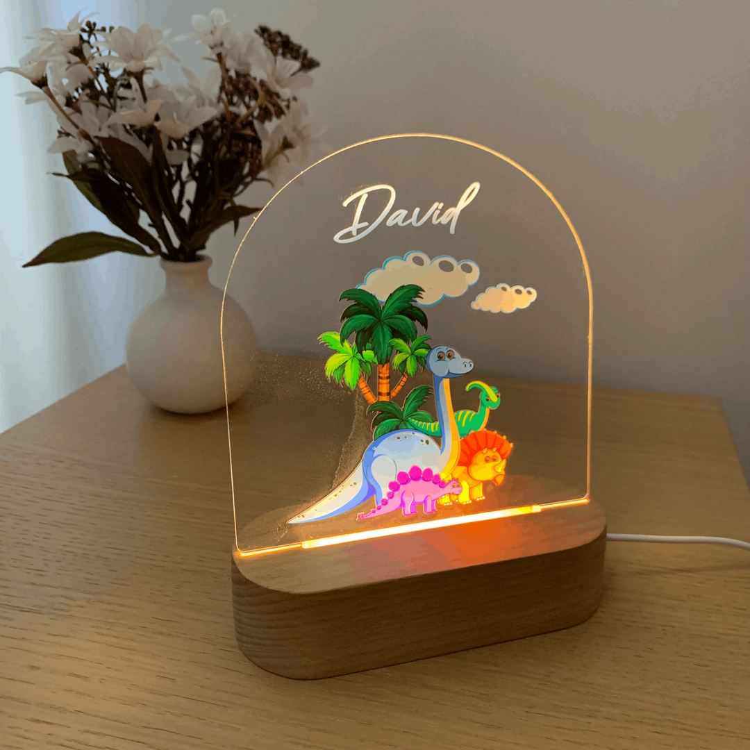 Personalised Night Light gift for baby boy with custom print. Cute Dinosaurs