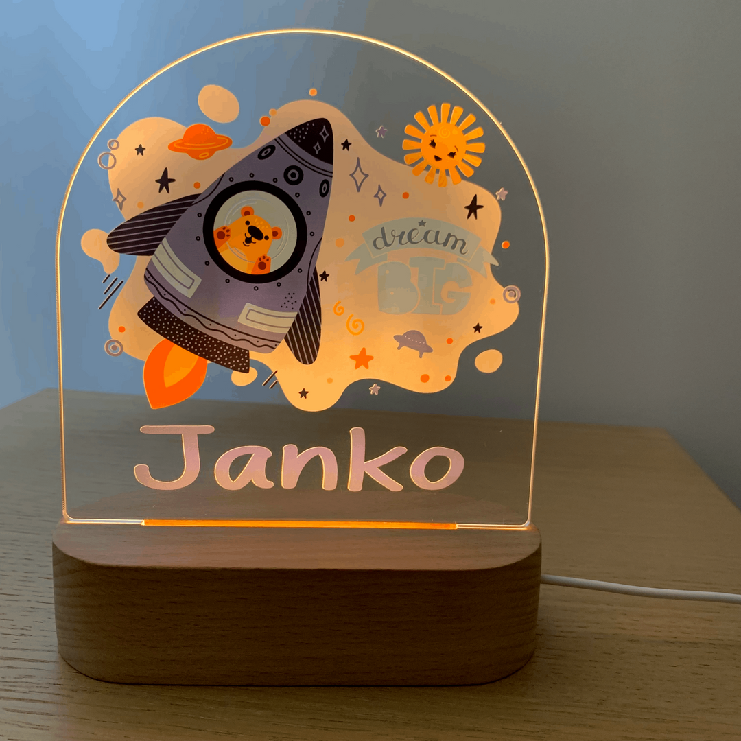 Cute personalised night light with warm LED  lights. Printed Cute Space Bear in a rocket. Customisable name