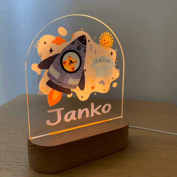 Cute personalised night light with warm LED  lights. Printed Cute Space Bear in a rocket. Customisable name