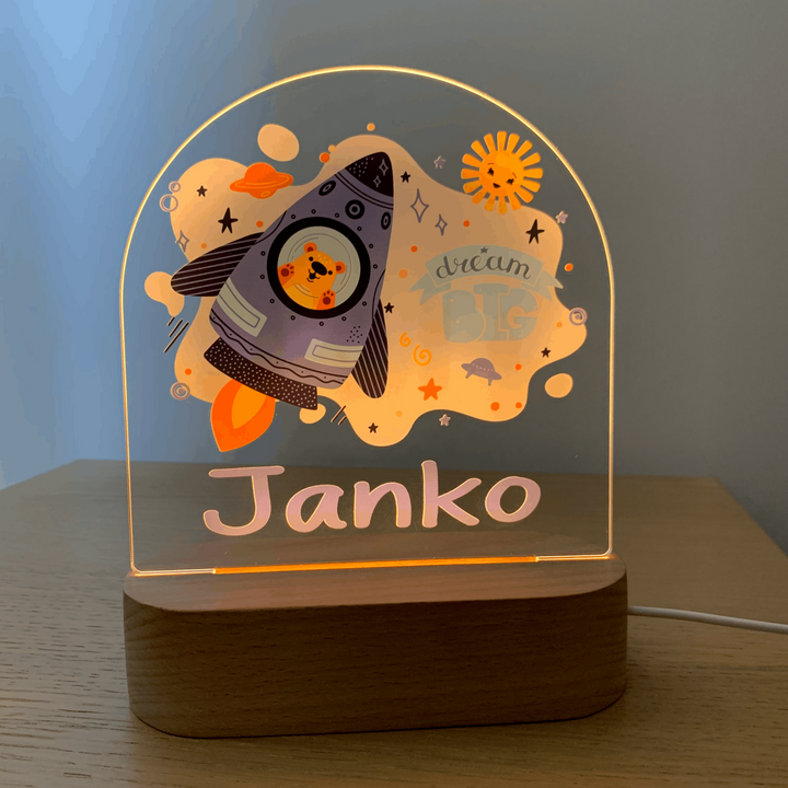 Cute personalised night light with warm LED  lights. Printed Cute Space Bear in a rocket. Customisable name