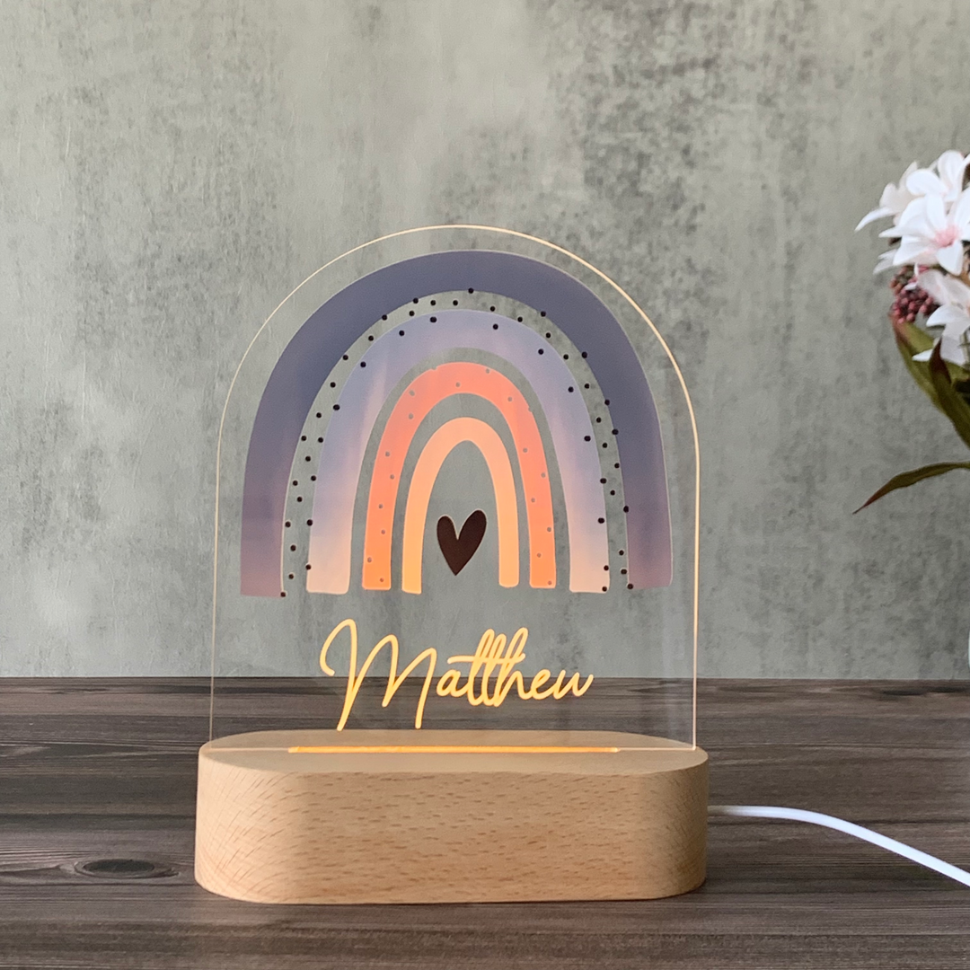 personalised night lights for kids with a boho rainbow