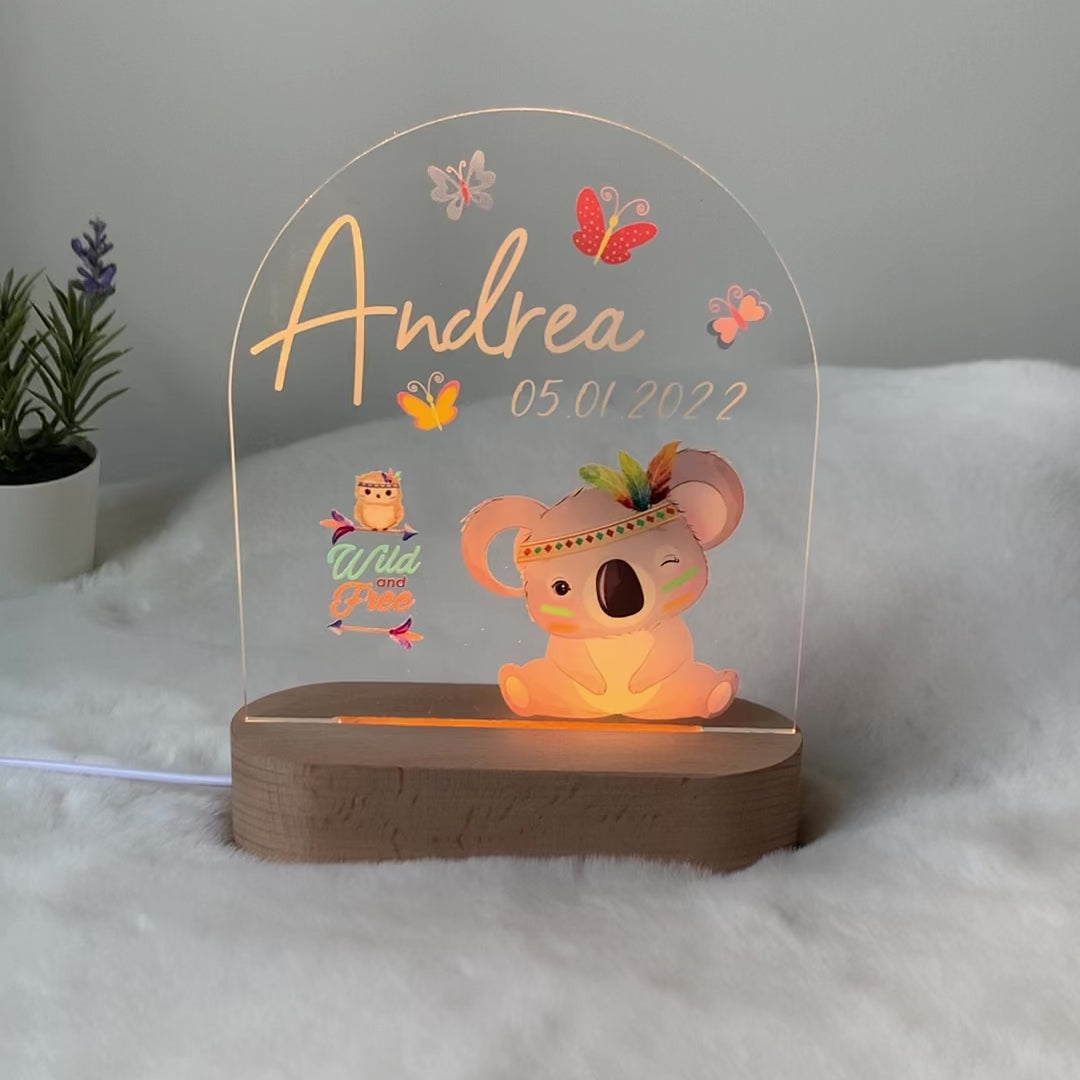 Cute personalised night light with warm LED  lights. Printed Boho Koala Customisable name